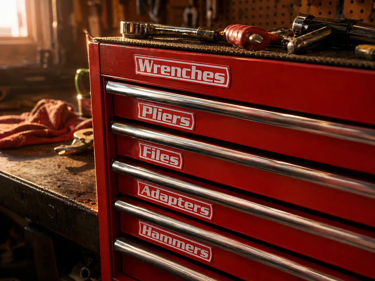 Close-up of red toolchest drawers with VoltariTek labels for Wrenches, Pliers, Files, Adapters, and Hammers in warm shop light