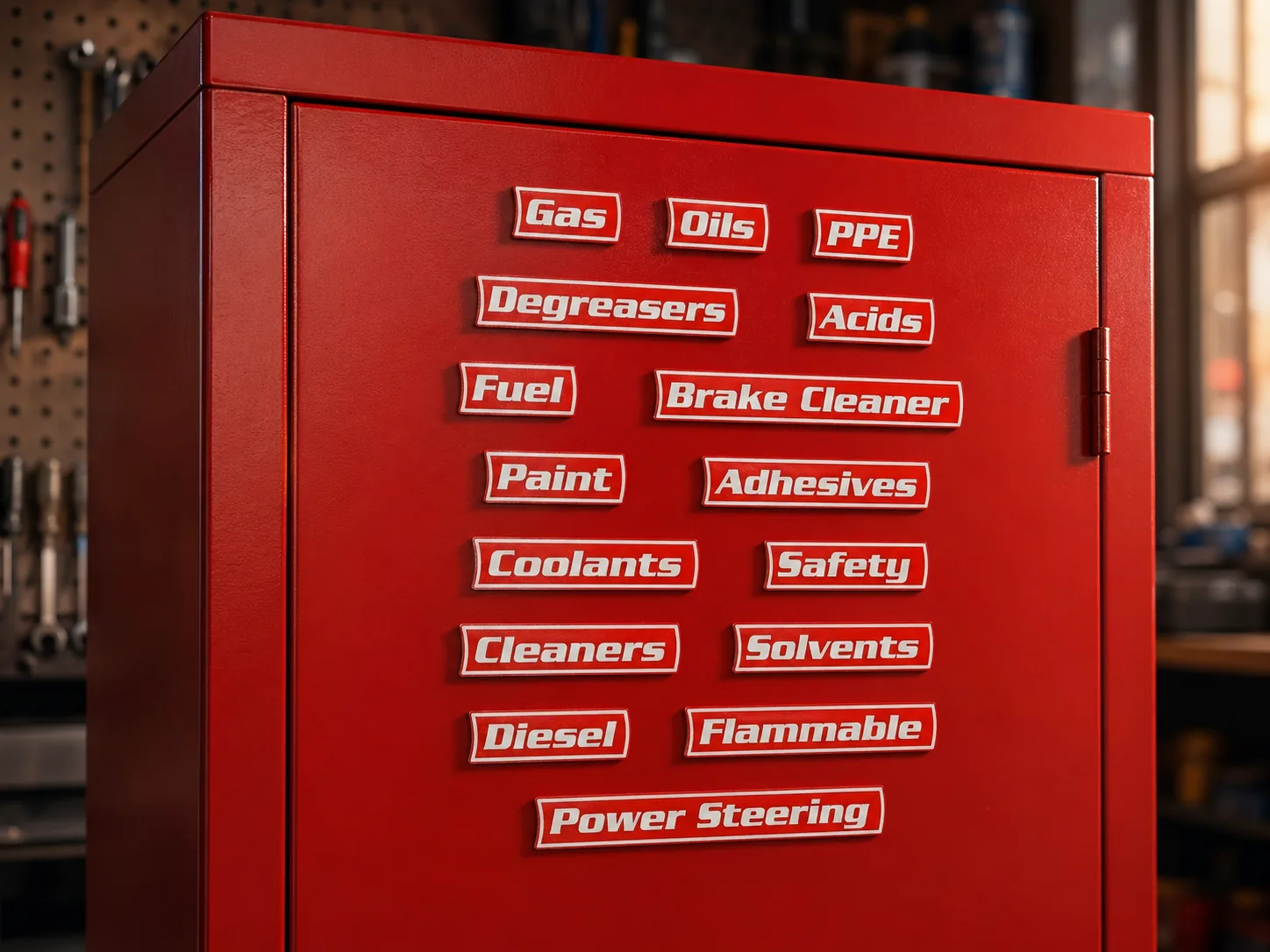 Red steel hazmat cabinet with all 15 VoltariTek hazmat labels organized on the door