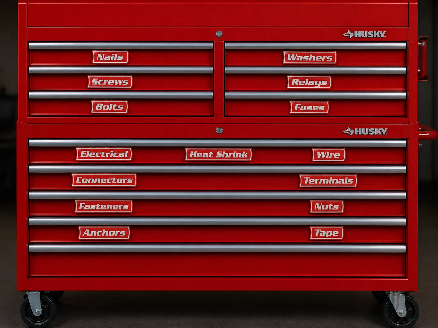 Red Husky chest with VoltariTek electrical and fastener labels in red