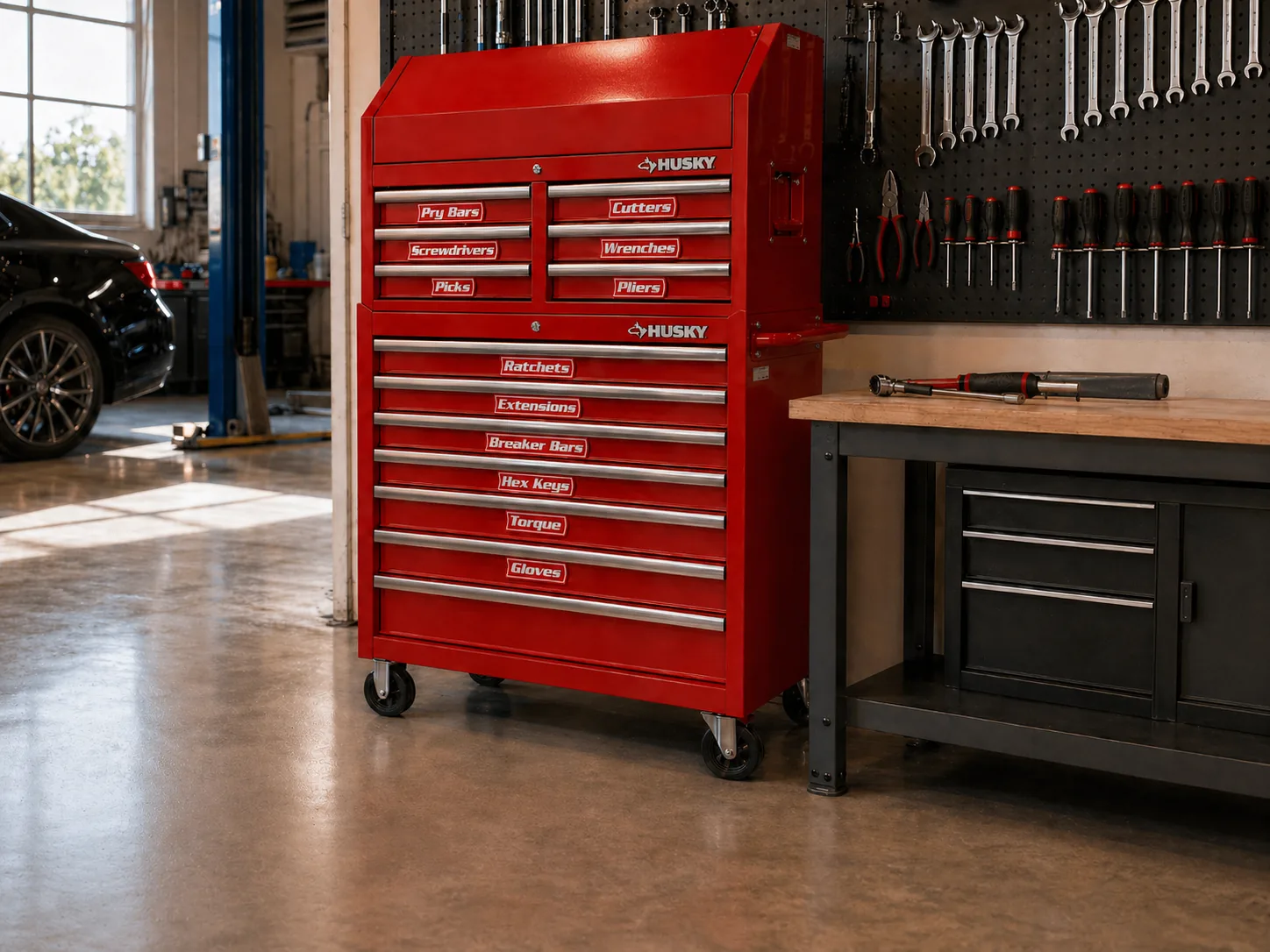 VoltariTek labels mounted across every drawer of a red Husky toolchest in a real garage