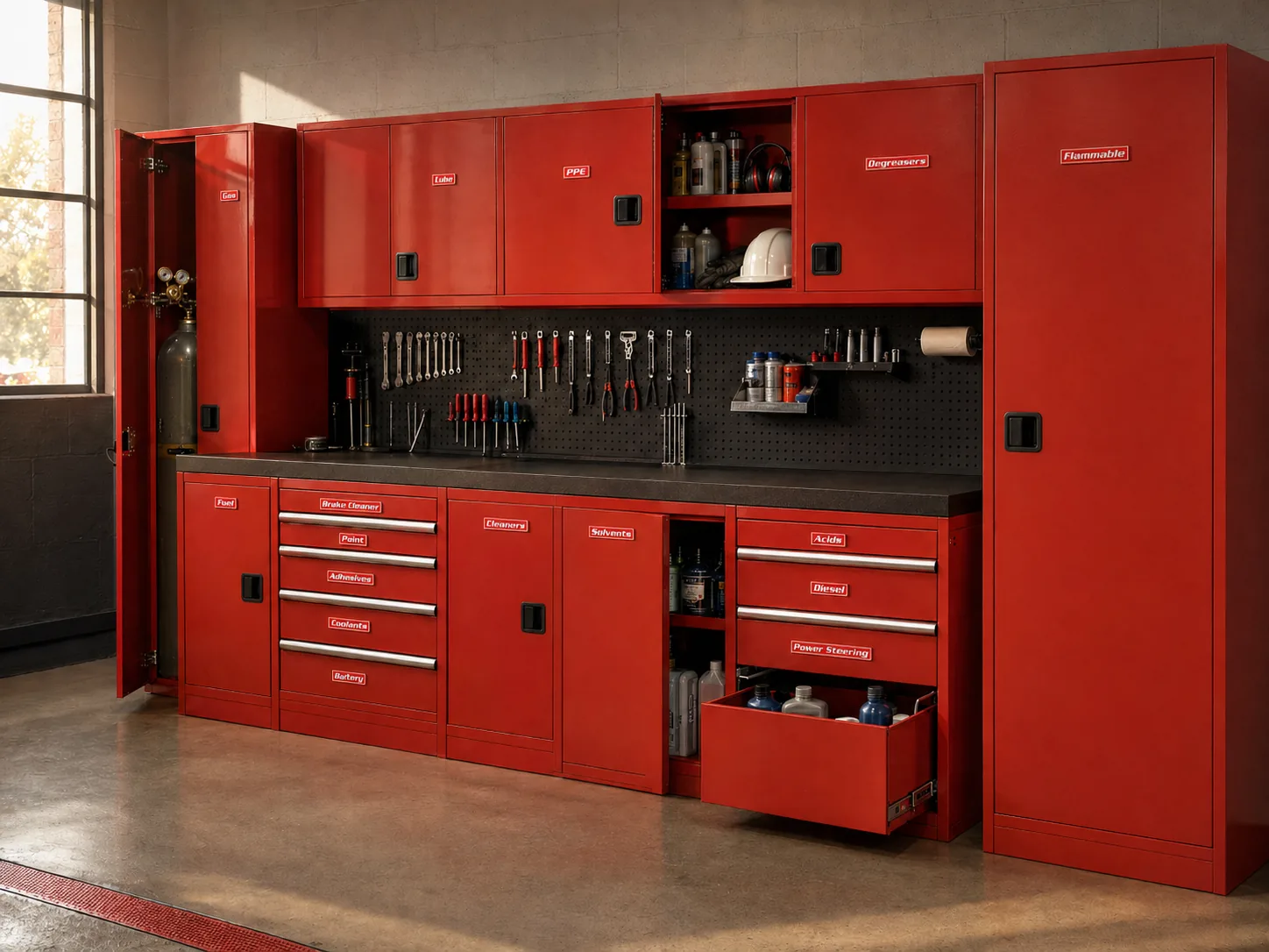 A full red workshop wall: cabinets, drawers, pull-outs, and a hazmat locker, every steel surface labeled with the VoltariTek system