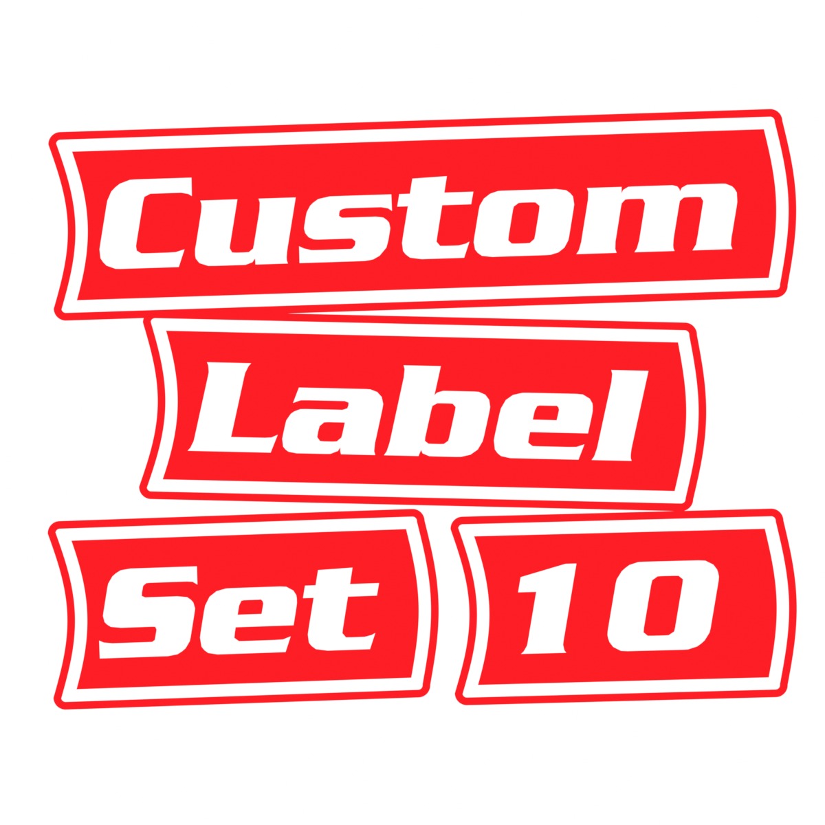 Sample custom VoltariTek label set: red magnetic labels with heavy white italic lettering