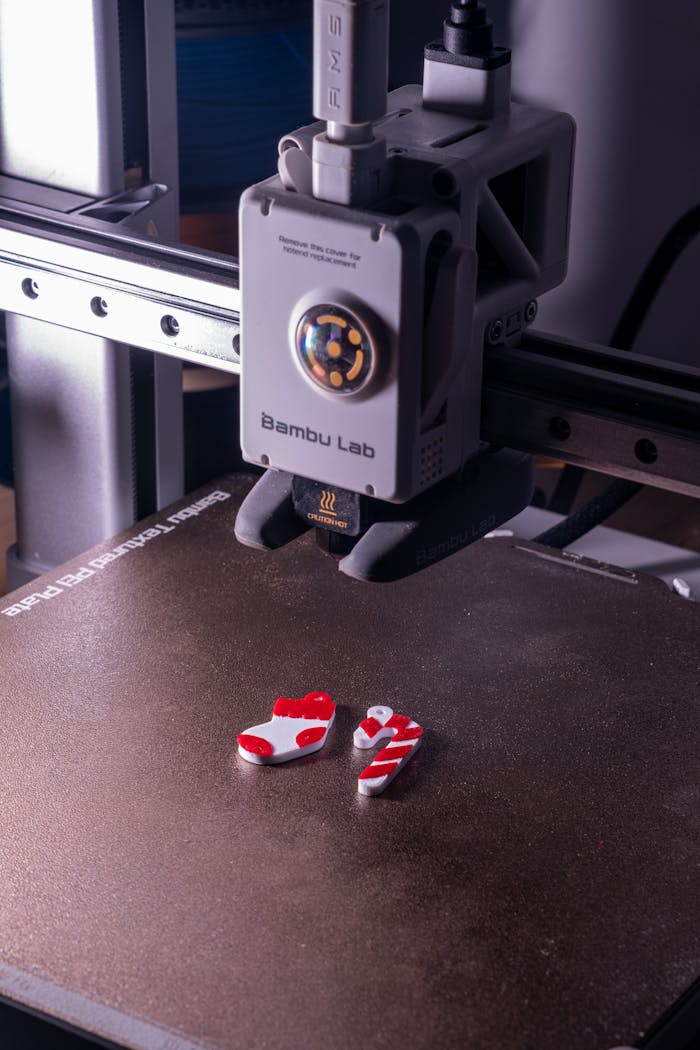 Close-up of a 3D printer creating red and white plastic objects.