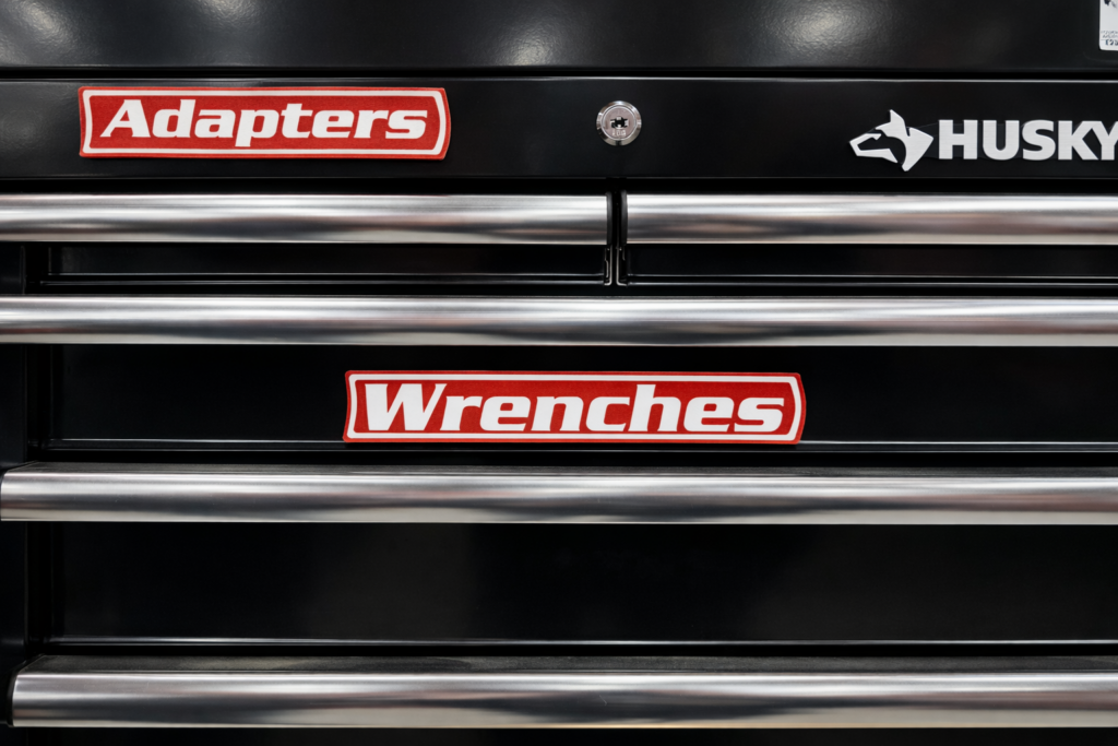 Magnetic toolbox drawer labels reading “Adapters” and “Wrenches” on a black metal tool chest.