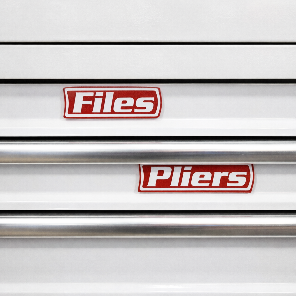 Magnetic toolbox drawer labels reading “Files” and “Pliers” on a white metal toolbox.